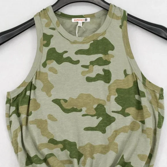 Sundry T-Shirt Dress Womens Camo Green Sleeveless Racerback Ruched Mini - Picture 4 of 8